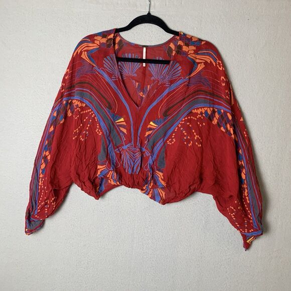 Free People Beneath The Sea Boho Pattern Wing Dolman Sleeve Blouse Red XS READ - Picture 2 of 8